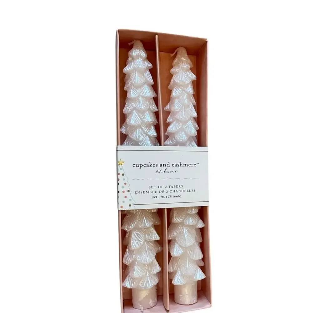 Cupcakes & Cashmere Iridescent White Christmas Tree Shaped Taper Candle Set of 2